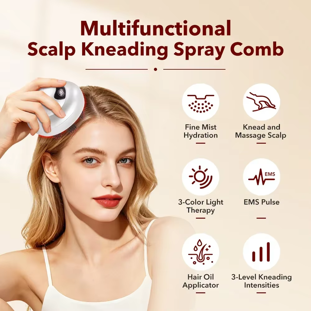 Scalp Massager - Scalp Massager with Red Blue Light, 3 Modes Kneading Massage Comb with Oil Spray