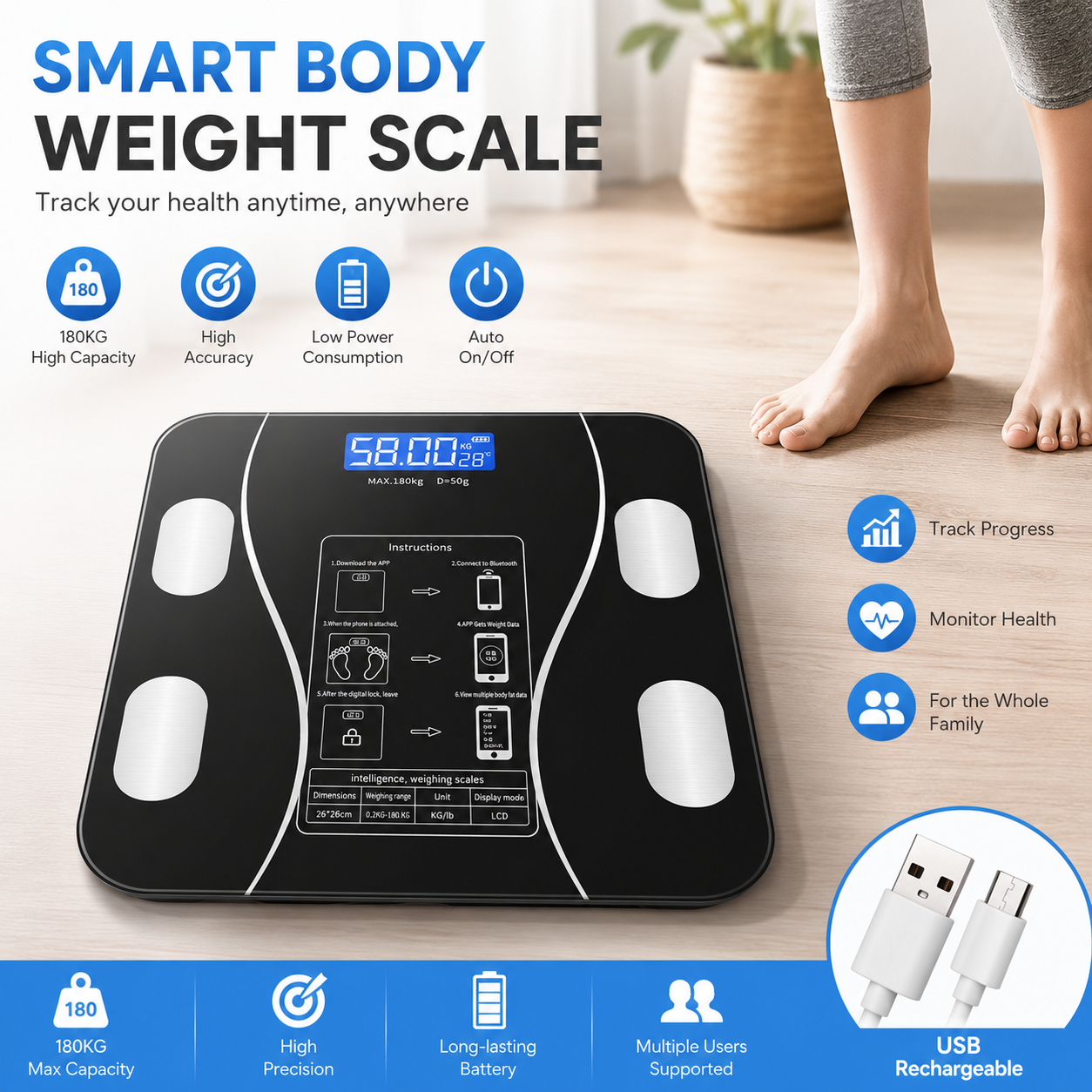 LED Smart Digital Scale - High Precision USB Rechargeable Smart Scale