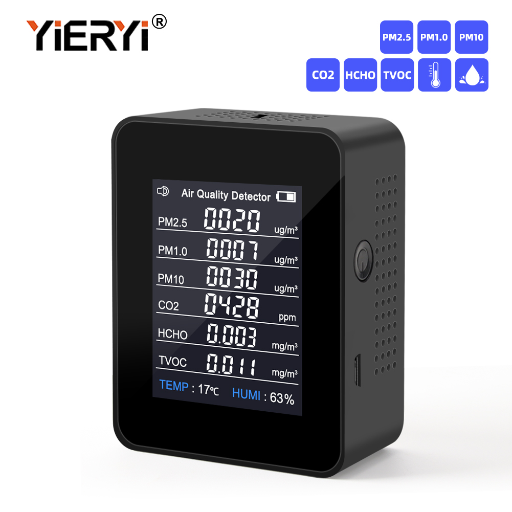 Yieryi 8 In 1 Air Quality Detector PM2.5 PM1.0 PM10 CO2 HCHO TVOC Temperature  Humidity Monitor Tester Carbon Dioxide for Home